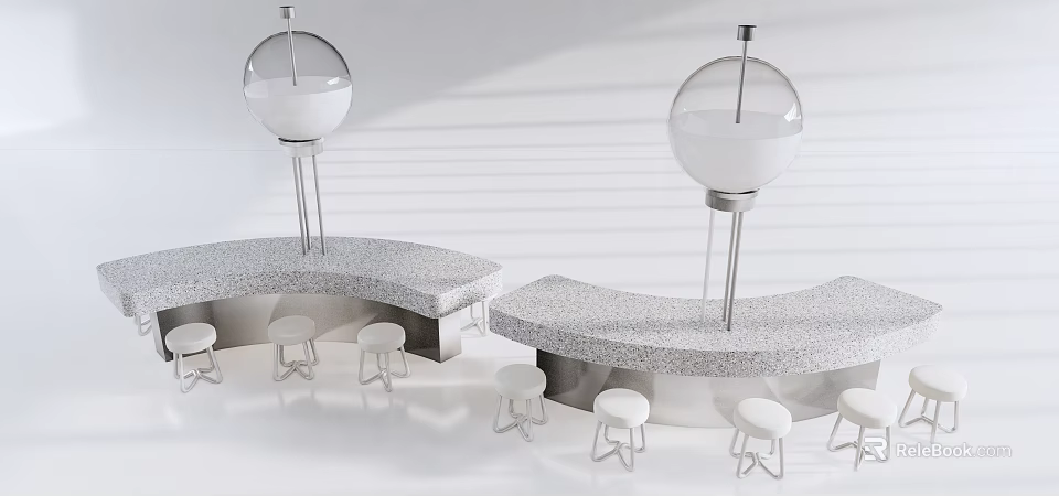 Modern Curved Stone Table Set with White Stools and Transparent Globe Fixtures 3d model 