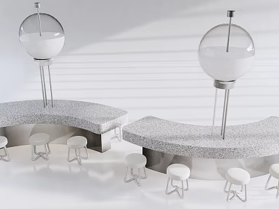 Modern Curved Stone Table Set with White Stools and Transparent Globe Fixtures 3d model