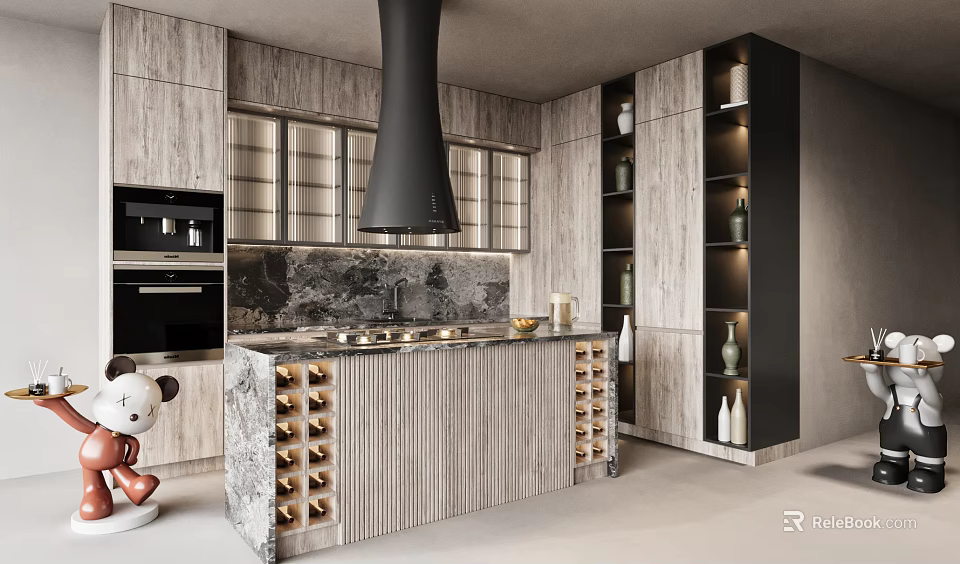 Modern Kitchen Interior With Marble Island Wooden Cabinets Black Range Hood And Wine Storage 3d model 