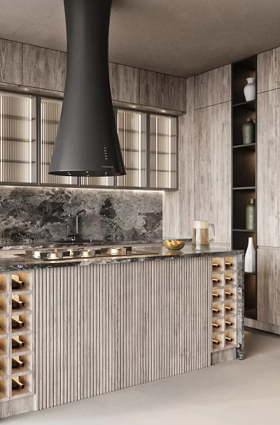 Modern Kitchen Interior With Marble Island Wooden Cabinets Black Range Hood And Wine Storage 3d model