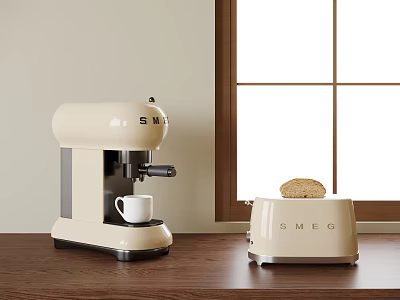 SMEG Cream Colored Coffee Machine And Toaster On Wooden Kitchen Countertop 3d model