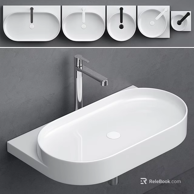 Modern White Ceramic Washbasin With Chrome Faucet On Gray Wall Background 3d model 