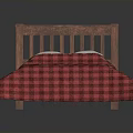 Wooden Bed with Wooden Headboard Red Plaid Blanket and White Pillows