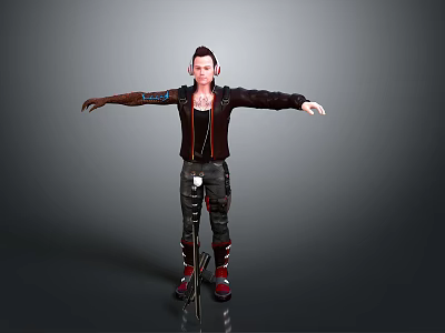 3D Character Model Standing With Arms Outstretched In Black Jacket Red Lining And Arm Tattoo 3d model