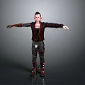 3D Character Model Standing With Arms Outstretched In Black Jacket Red Lining And Arm Tattoo