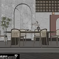 Modern Dining Room With Arched Doorway Dark Wine Rack Long Table Wicker Chairs And Plant