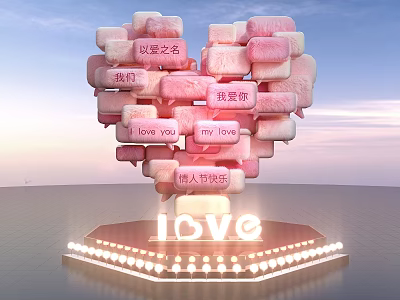 Romantic Heart Shaped Photo Spot With Pink Blocks And Love Messages 3d model