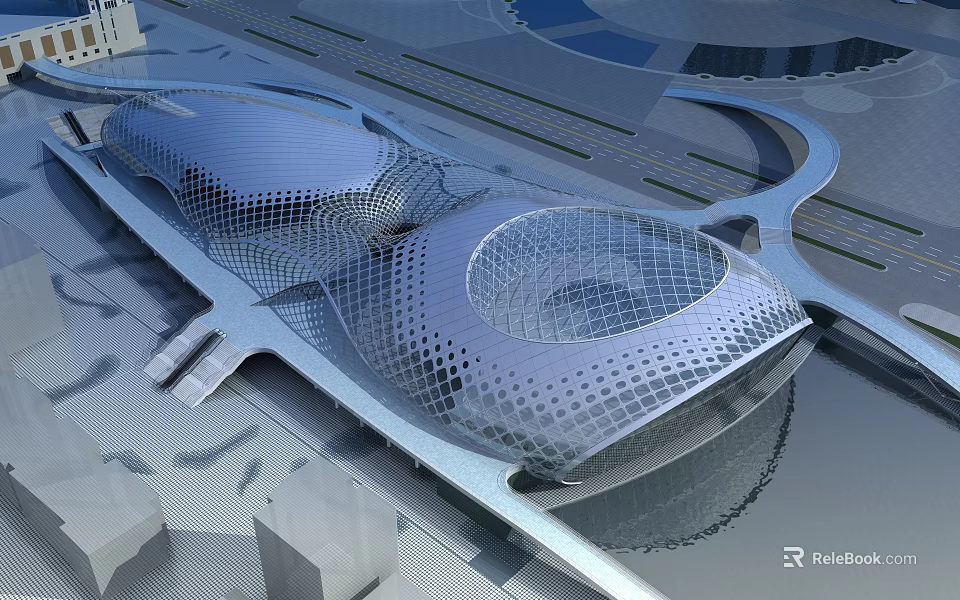 Modern Unique Building With Curved Twin Mesh Metal Exterior Design Surrounded By Roads And Water 3d model 