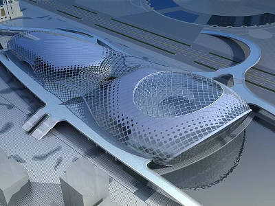 Modern Unique Building With Curved Twin Mesh Metal Exterior Design Surrounded By Roads And Water 3d model
