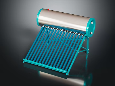 Blue Tubular Solar Water Heater With Silver Storage Tank And Stand 3d model