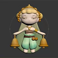 Elegant Doll Character With Closed Eyes Green Skirt Golden Headdress And Bells On Dark Background