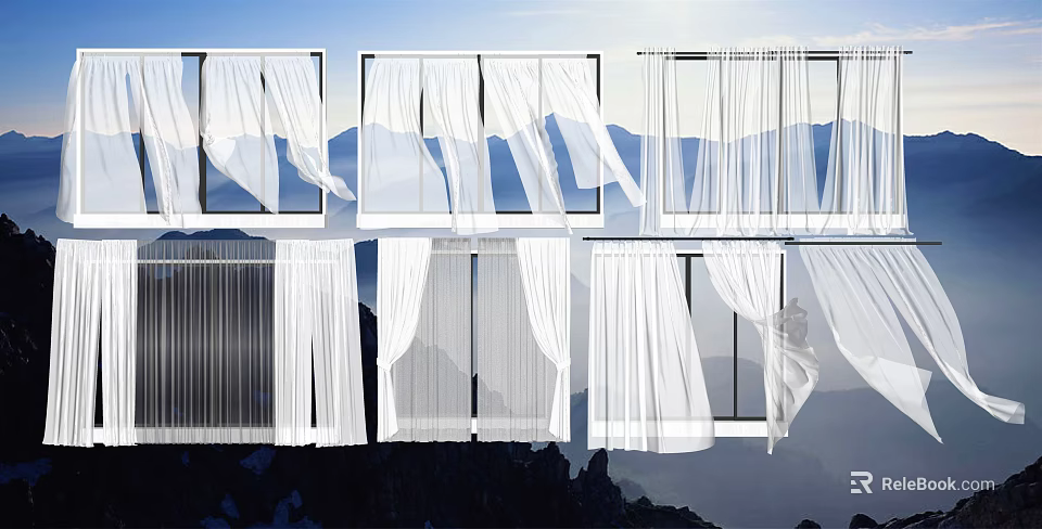 White Window Curtains In Different Styles With Mountain View And Blue Sky 3d model