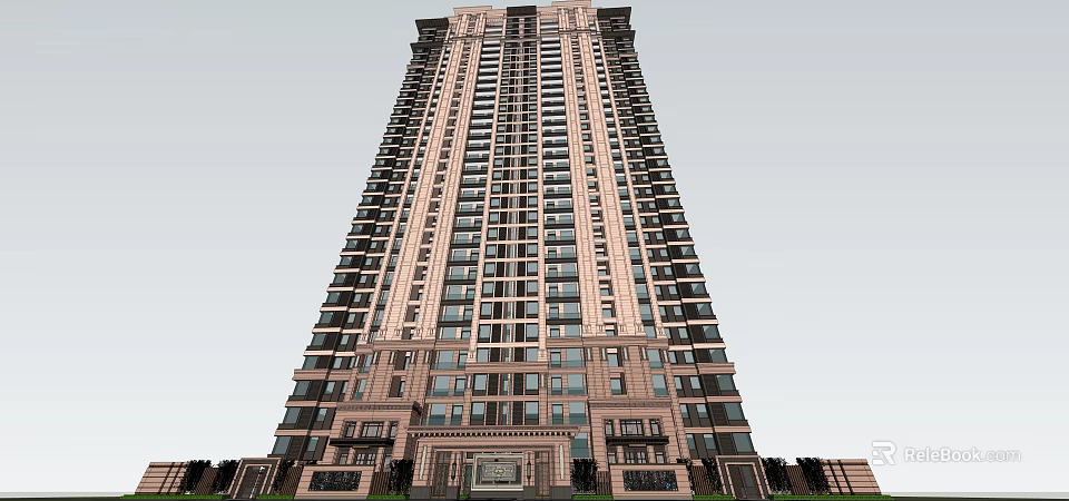Modern High Rise Residential Building With Classic Exterior Design And Glass Windows 3d model 