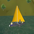 Wooden Boat with Yellow Sail and Three People Sailing on Blue Water Near Sandy Dunes Under Blue Sky