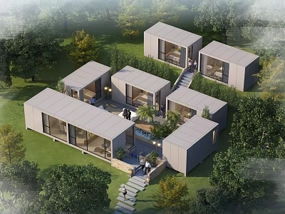 Modern Boutique Villa Buildings In Lush Green Surroundings With Multiple Units And Glass Facades 3d model