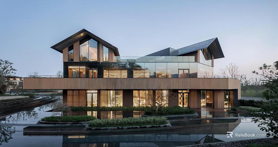 Modern Sales Office Building Design With Glass Walls Wooden Facade And Sloped Roof Features 3d model 