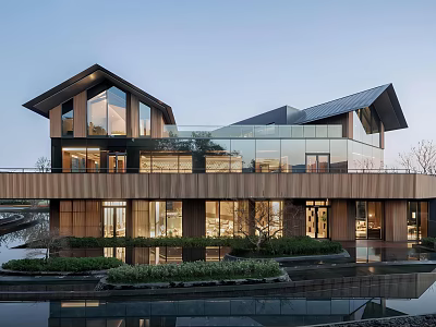 Modern Sales Office Building Design With Glass Walls Wooden Facade And Sloped Roof Features 3d model