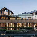 Modern Sales Office Building Design With Glass Walls Wooden Facade And Sloped Roof Features