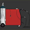 Red Industrial Welding Equipment with Blue Gas Cylinder Wheels and Cables