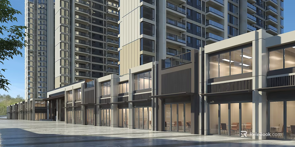 Modern Commercial Street Featuring High Rise Buildings Glass Storefronts And Spacious Pavement 3d model 