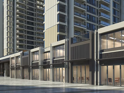 Modern Commercial Street Featuring High Rise Buildings Glass Storefronts And Spacious Pavement 3d model