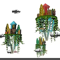 Art Installation With Hanging Islands Colorful Buildings Animal Elements Green Vines And Cloud Decorations