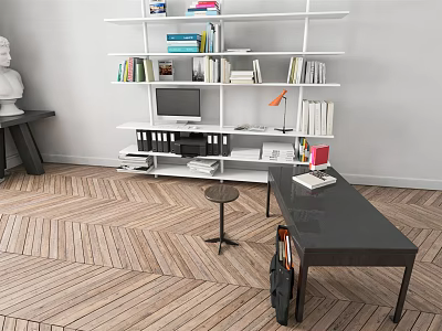 Modern Workspace Desk with White Open Bookshelf Orange Lamp Stacked Books Wooden Floor White Sculpture 3d model