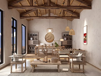 Traditional Chinese Living Room With Wooden Beam Ceiling Hanging Lamps Bookshelves And Rug 3d model