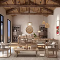Traditional Chinese Living Room With Wooden Beam Ceiling Hanging Lamps Bookshelves And Rug