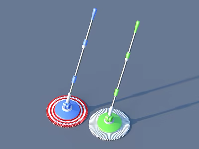 Household Cleaning Mops With Blue Green Handles And Red White Heads 3d model
