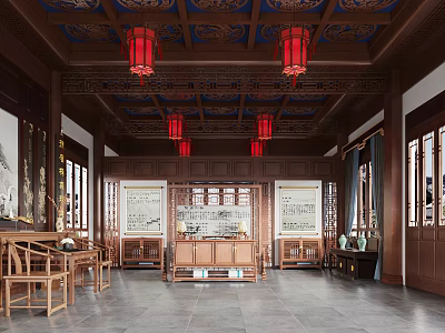 Chinese Style Exhibition Hall Interior With Mahogany Structure Red Lanterns And Traditional Calligraphy 3d model
