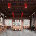 Chinese Style Exhibition Hall Interior With Mahogany Structure Red Lanterns And Traditional Calligraphy
