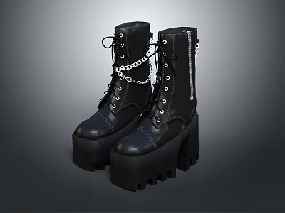 Black Lace Up Platform Boots With Chain Detail And Chunky Soles 3d model