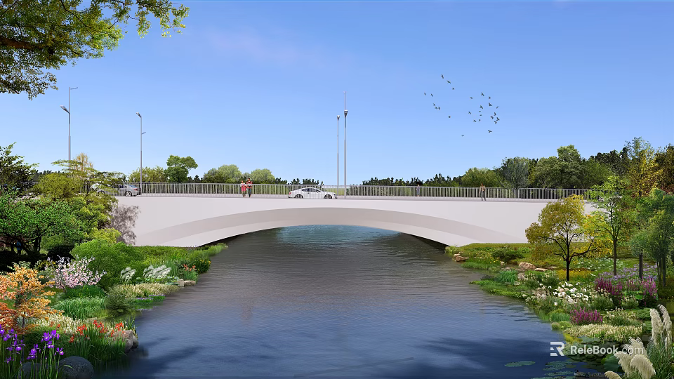 Scenic Arch Bridge Over River With Greenery Trees Cars And Pedestrians 3d model 