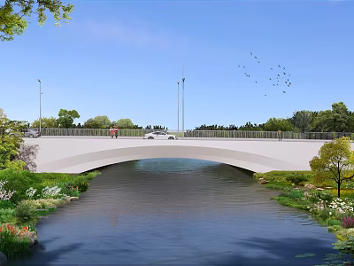 Scenic Arch Bridge Over River With Greenery Trees Cars And Pedestrians 3d model