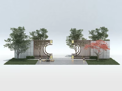 Chinese Style Symmetrical Archway With Circular Elements Red Maple Trees And Green Plants 3d model