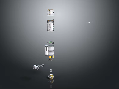 Various Industrial Mechanical Parts Including Cans Valves And Fittings On Gray Background 3d model