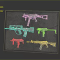 Modern Tactical Weapons Collection Showcasing Assault Rifles and Pistols on Grid Display Panel