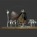 Cartoon Scene With Thatched Roof House Palm Trees Green Grass On Circular Platform