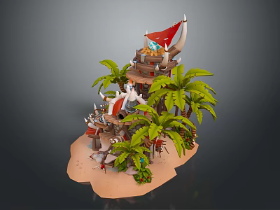 Cartoon Tropical Island Scene With Green Palm Trees Sandy Beach And Red Flag Building 3d model