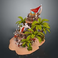 Cartoon Tropical Island Scene With Green Palm Trees Sandy Beach And Red Flag Building