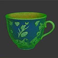 Blue Ceramic Cup With Orange Interior And Gold Handle Floral Patterns