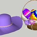 Purple Easter Hat With Pink And Purple Flowers And Colorful Eggs Basket