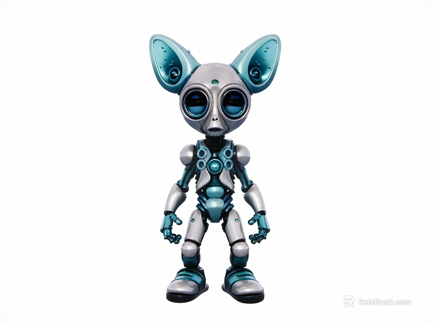 Futuristic Robot Figurine With Large Blue Ears Big Eyes And Silver Blue Body 3d model 