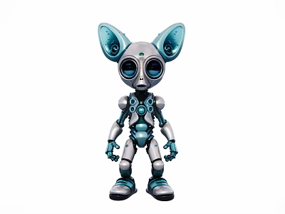 Futuristic Robot Figurine With Large Blue Ears Big Eyes And Silver Blue Body 3d model