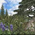 Lush Garden Shrubs With Pine Trees Purple Flowers And Rocks Under Blue Sky