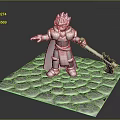 Man In Armor With Blue Hair Helmet Purple Cape And Purple Axe On Stone Ground