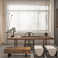 Modern Elegant Interior Space With Wooden Partitions Long Table Chairs Hanging Lights And Decorative Wall