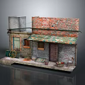 Detailed Small Old House Model Featuring Red Brick Roof Green Tiles Wheel Steps And Bucket