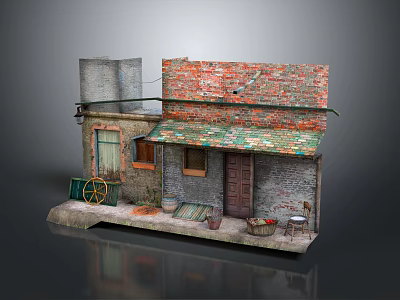 Detailed Small Old House Model Featuring Red Brick Roof Green Tiles Wheel Steps And Bucket 3d model